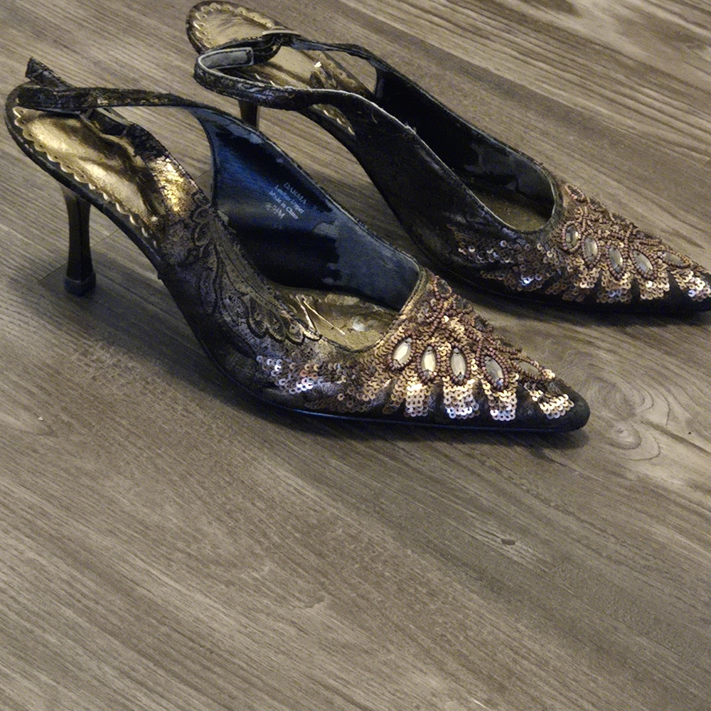 J.Renee Black and Gold Sequin Slingback Heels